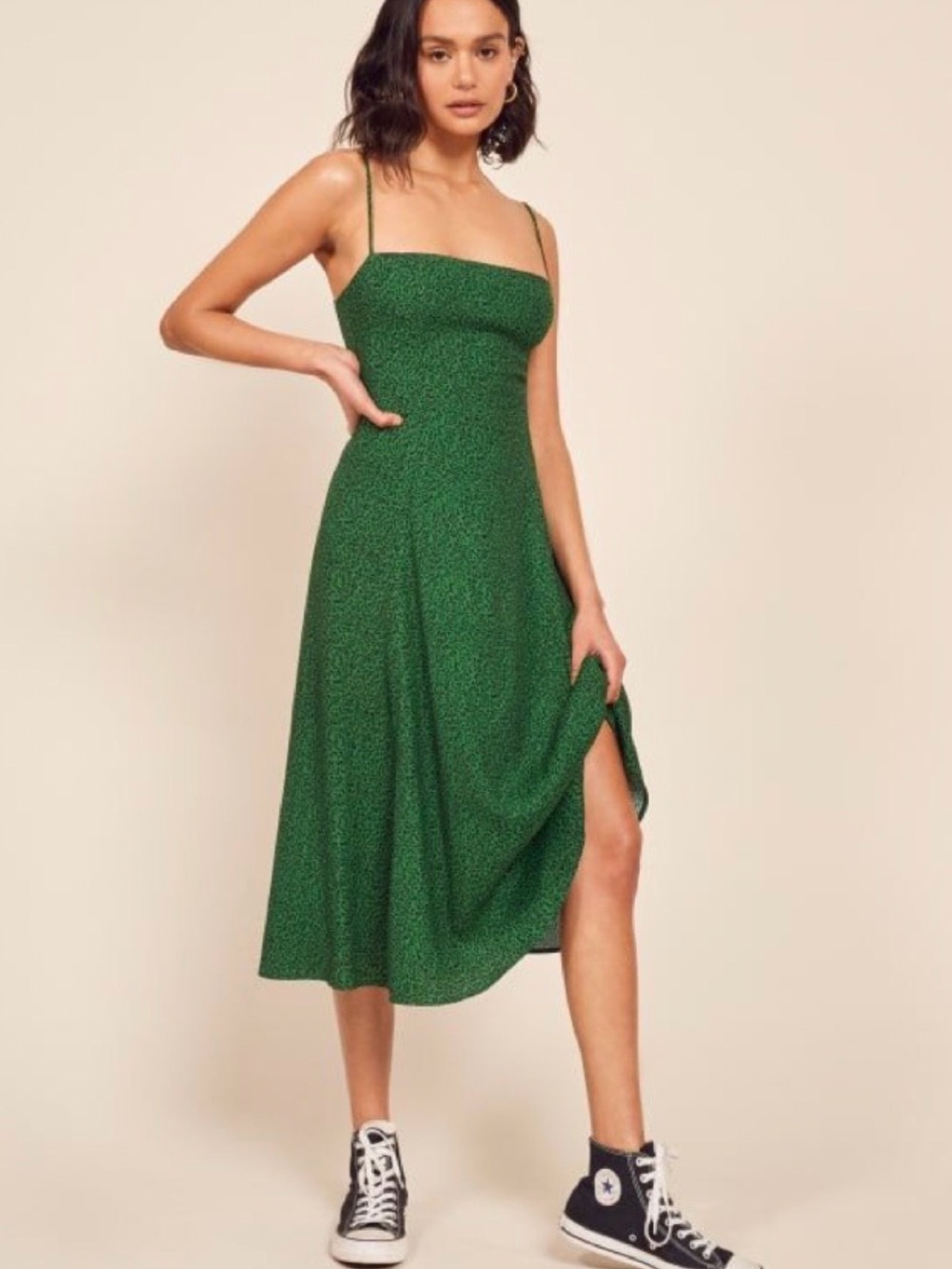REFORMATION Green Vollare Midi Dress in the Jitterbug Print